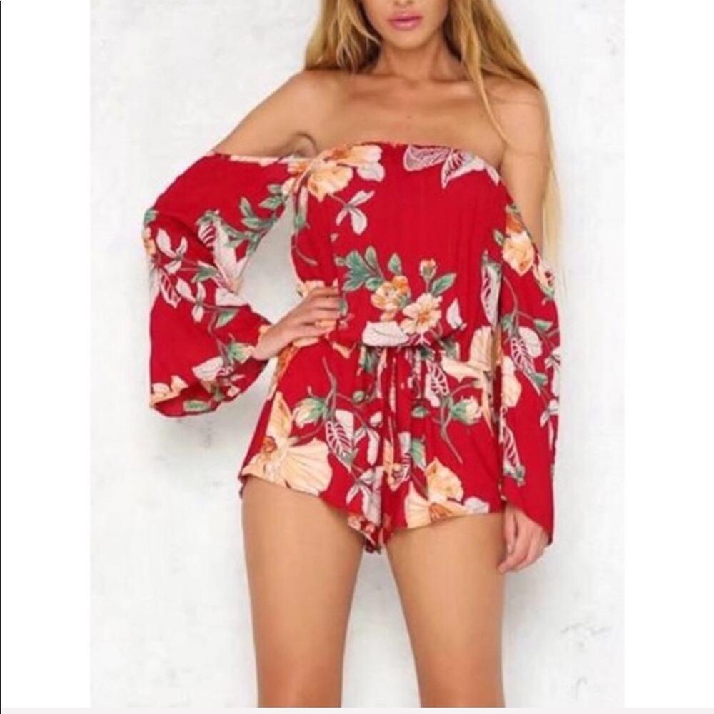 LF Stores Angel Biba Off the Shoulder Red Floral Romper Size XS